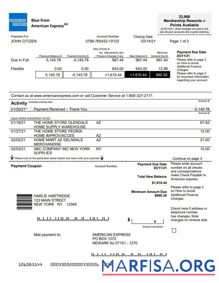 Downloadable USA New York American Express Blue bank statement word download for verification